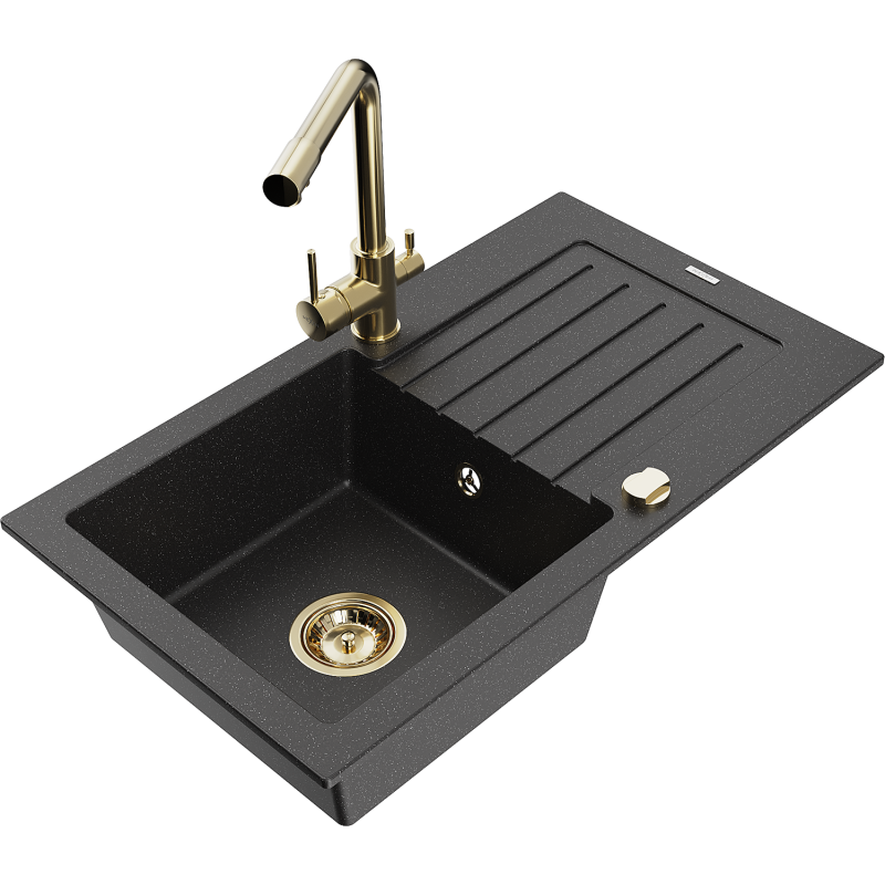 Mexen Pablo Granitspüle 1-beckig mit Abtropffläche und Küchenarmatur Duero, schwarz/silber metallic - 6510-73-671600-50