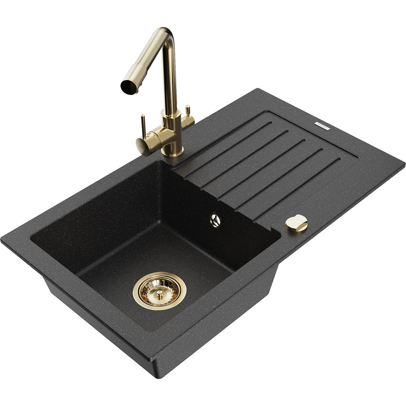 Mexen Pablo granitspüle mit 1 Becken, Abtropffläche und Küchenarmatur Duero, schwarz/silber metallic - 6510-73-671600-50