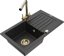 Mexen Pablo Granitspüle 1-beckig mit Abtropffläche und Küchenarmatur Duero, schwarz/silber metallic - 6510-73-671600-50