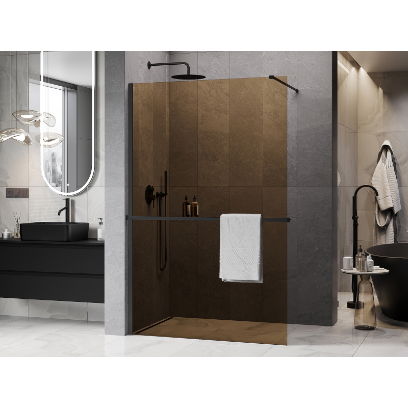 Mexen Kioto+ Duschwand mit Ablage Walk-in 130 x 200 cm, Bronze 8 mm, Schwarz - 800-130-121-70-32