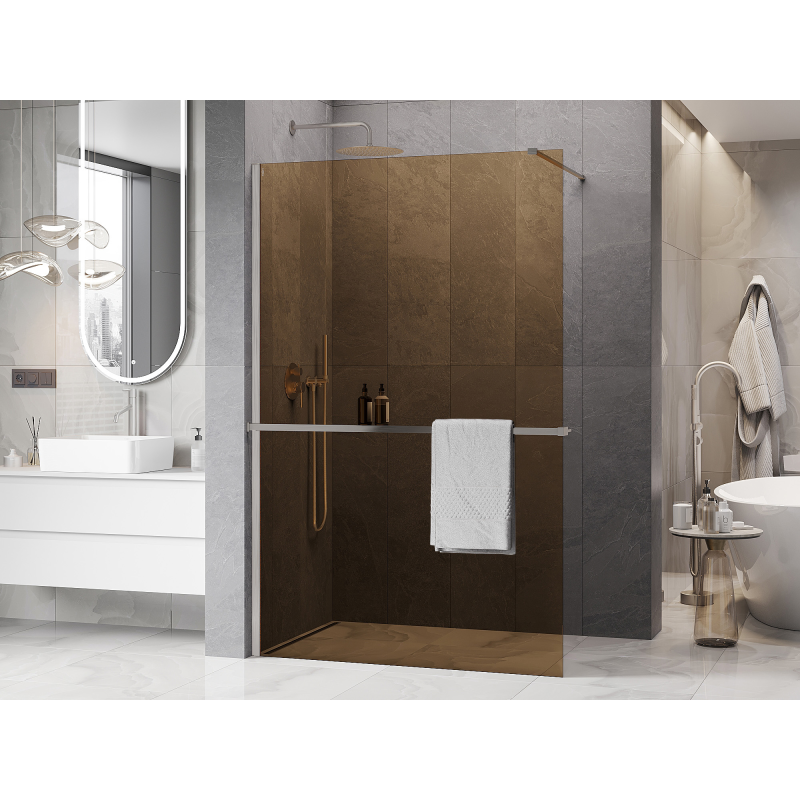Mexen Kioto+ Duschwand mit Ablage Walk-in 110 x 200 cm, Bronze 8 mm, gebürsteter Nickel - 800-110-121-97-32