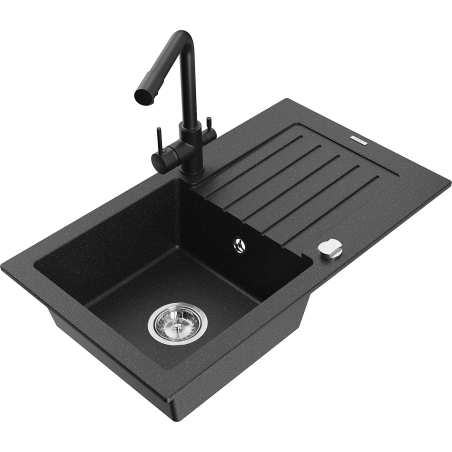 Mexen Pablo Granitspüle 1-Becken mit Abtropffläche und Küchenarmatur Duero, schwarz/silber-metallic - 6510-73-671600-70