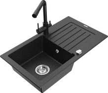 Mexen Pablo Granitspüle 1-Becken mit Abtropffläche und Küchenarmatur Duero, schwarz/silber-metallic - 6510-73-671600-70
