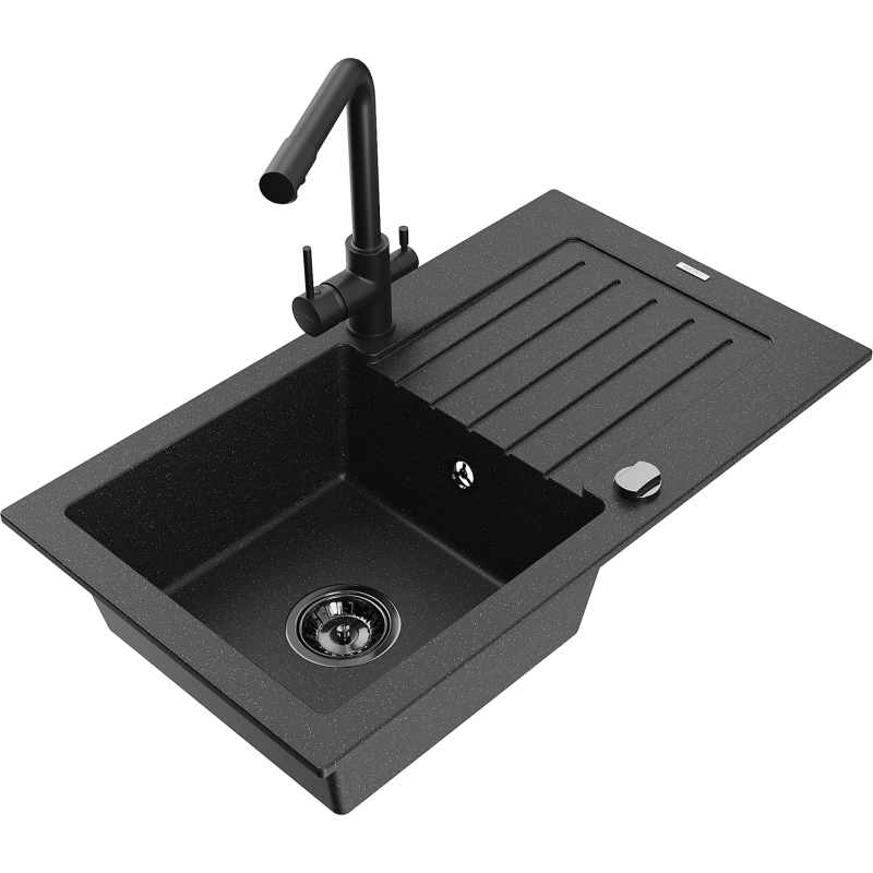 Mexen Pablo Granitspüle 1-becken mit Abtropffläche und Küchenarmatur Duero, Schwarz/Silber Metallic - 6510-73-671600-70-B