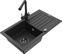 Mexen Pablo Granitspüle 1-becken mit Abtropffläche und Küchenarmatur Duero, Schwarz/Silber Metallic - 6510-73-671600-70-B
