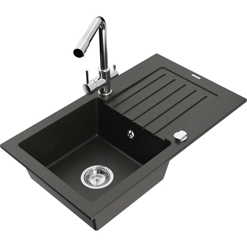 Mexen Pablo Granitspüle 1-becken mit Abtropffläche und Küchenarmatur Duero, schwarz/gold metallic - 6510-75-671600-00