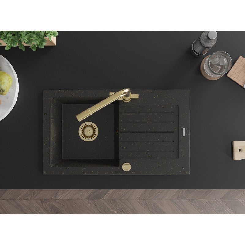 Mexen Pablo Granitspüle 1-Becken mit Abtropffläche und Küchenarmatur Duero, Schwarz/Gold Metallic - 6510-75-671600-50