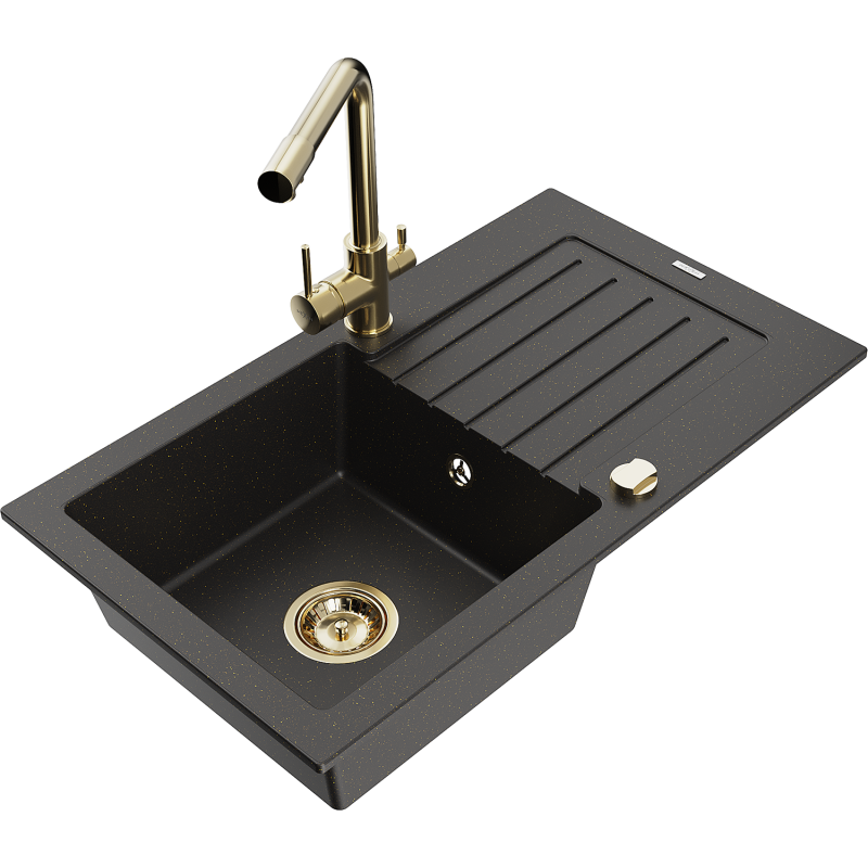 Mexen Pablo Granitspüle 1-Becken mit Abtropffläche und Küchenarmatur Duero, Schwarz/Gold Metallic - 6510-75-671600-50