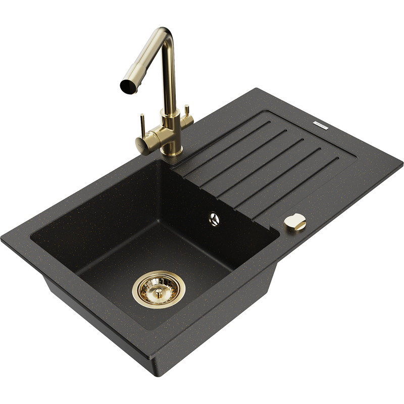 Mexen Pablo granitspüle 1-becken mit abtropffläche und küchenarmatur Duero, schwarz/gold metallik - 6510-75-671600-50