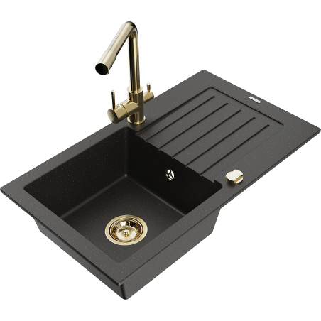 Mexen Pablo Granitspüle 1-Becken mit Abtropffläche und Küchenarmatur Duero, Schwarz/Gold Metallic - 6510-75-671600-50