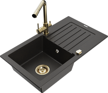 Mexen Pablo Granitspüle 1-Becken mit Abtropffläche und Küchenarmatur Duero, Schwarz/Gold Metallic - 6510-75-671600-50