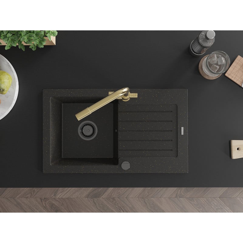 Mexen Pablo Granitspüle 1-beckig mit Ablage und Küchenarmatur Duero, schwarz/gold metallic - 6510-75-671600-50-B