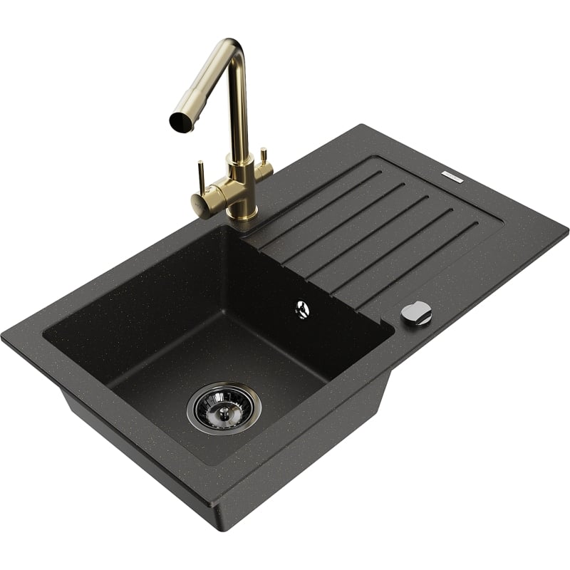 Mexen Pablo Granitspüle 1-Becken mit Abtropffläche und Küchenarmatur Duero, schwarz/gold metallic - 6510-75-671600-50-B