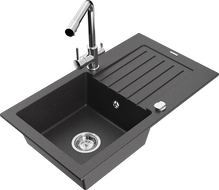 Mexen Pablo Granitspüle 1-Becken mit Abtropffläche und Küchenarmatur Duero, schwarz gesprenkelt - 6510-76-671600-00