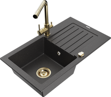 Mexen Pablo Granitspüle 1-becken mit Abtropffläche und Küchenarmatur Duero, schwarz gesprenkelt - 6510-76-671600-50