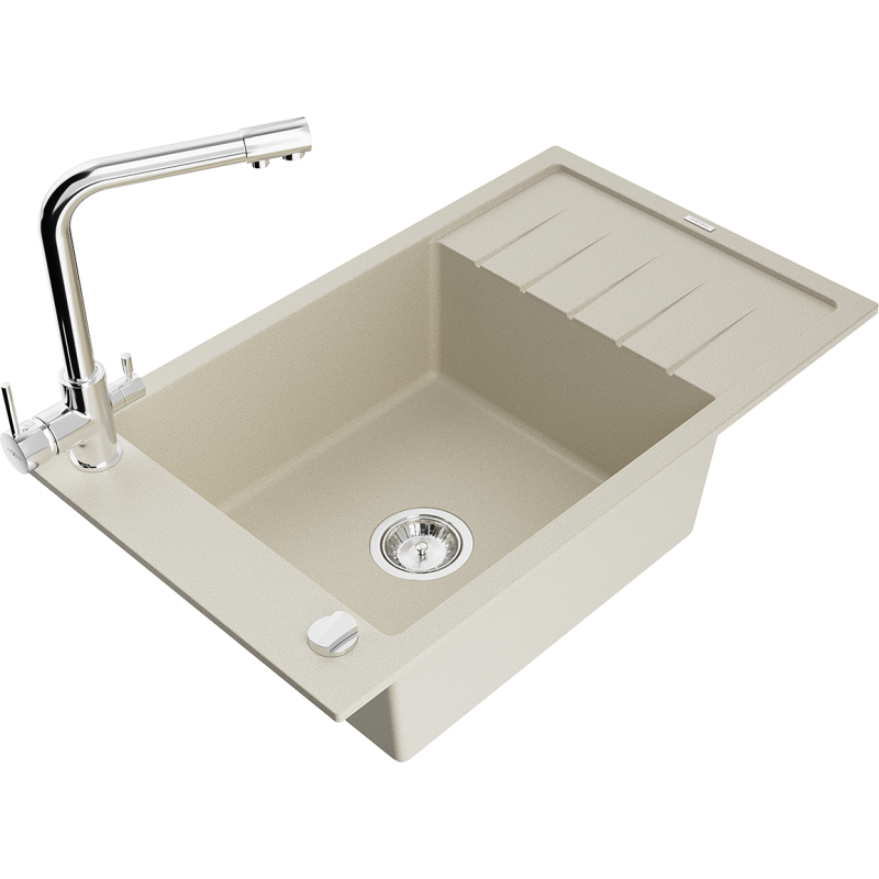 Mexen Elias Granitspüle 1-Kammer mit Abtropffläche und Küchenarmatur Duero, beige - 6511-69-671600-00