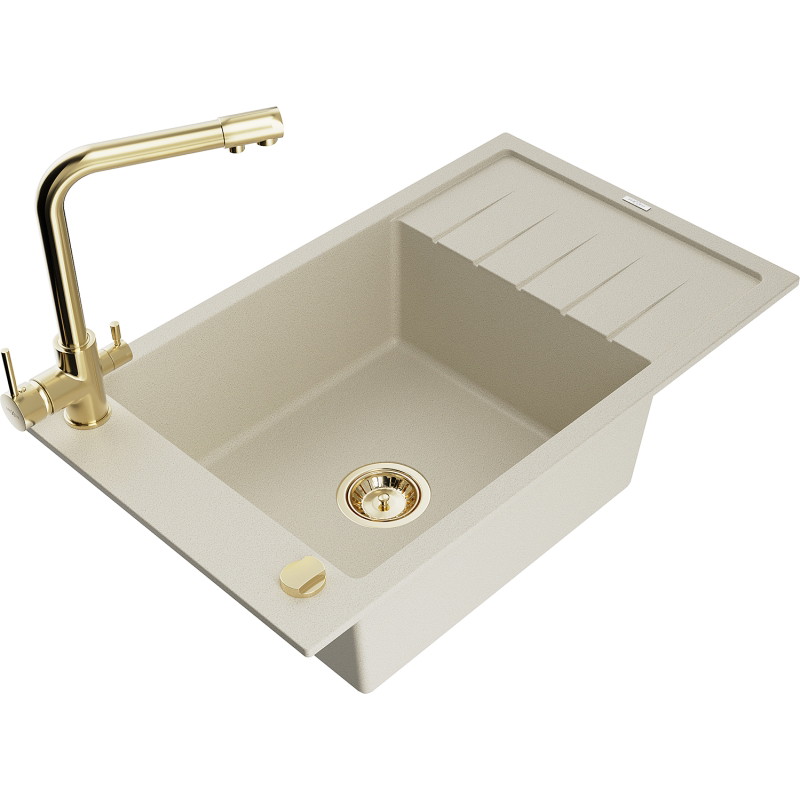 Mexen Elias Granitspüle 1-Becken mit Abtropffläche und Küchenarmatur Duero, beige - 6511-69-671600-50