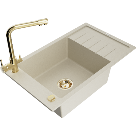 Mexen Elias Granitspüle 1-Becken mit Abtropffläche und Küchenarmatur Duero, beige - 6511-69-671600-50