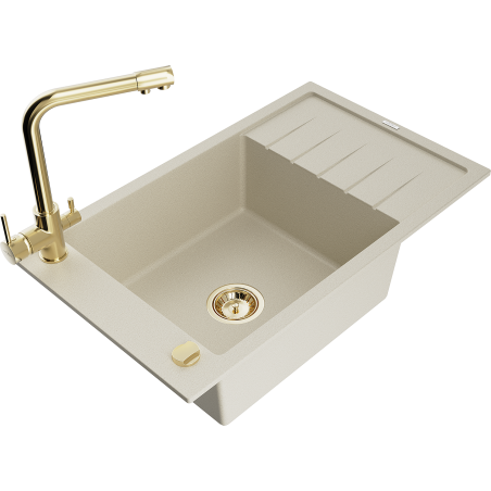 Mexen Elias Granitspüle einbecken mit Abtropffläche und Küchenarmatur Duero, beige - 6511-69-671600-50