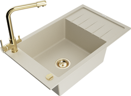 Mexen Elias Granitspüle einbecken mit Abtropffläche und Küchenarmatur Duero, beige - 6511-69-671600-50
