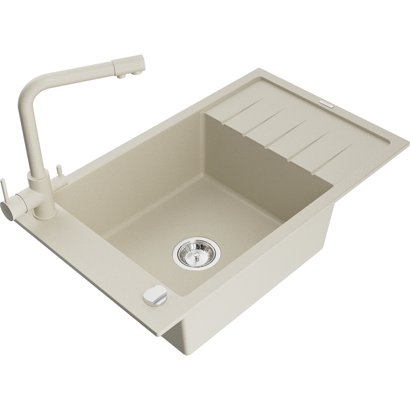 Mexen Elias Granitspüle 1-Becken mit Abtropffläche und Küchenarmatur Duero, beige - 6511-69-671600-69