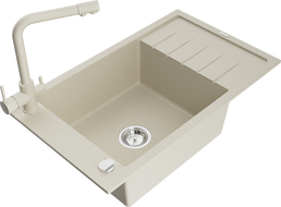 Mexen Elias Granitspüle 1-Becken mit Abtropffläche und Küchenarmatur Duero, beige - 6511-69-671600-69