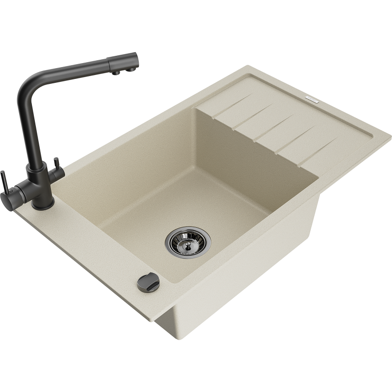 Mexen Elias Granitspüle 1-Becken mit Abtropffläche und Küchenarmatur Duero, beige - 6511-69-671600-70