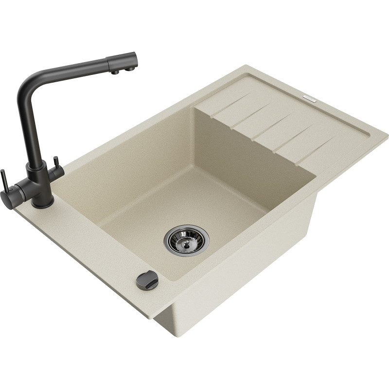 Mexen Elias Granitspüle 1-beckig mit Abtropffläche und Küchenarmatur Duero, beige - 6511-69-671600-70