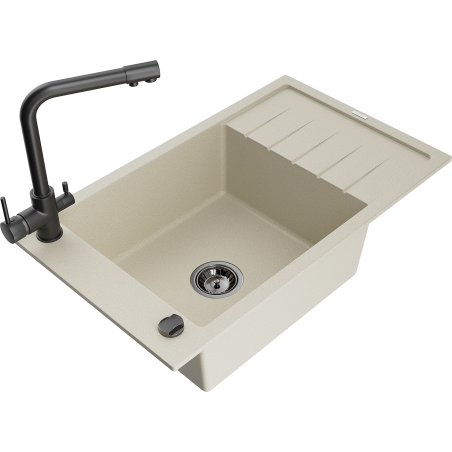 Mexen Elias Granitspüle 1-Becken mit Abtropffläche und Küchenarmatur Duero, beige - 6511-69-671600-70