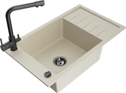 Mexen Elias Granitspüle 1-Becken mit Abtropffläche und Küchenarmatur Duero, beige - 6511-69-671600-70