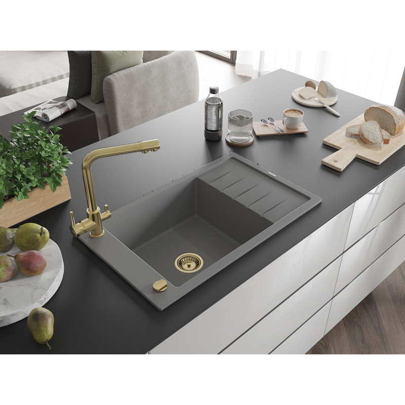 Mexen Elias Granitspüle 1-Becken mit Abtropffläche und Küchenarmatur Duero, grau - 6511-71-671600-50