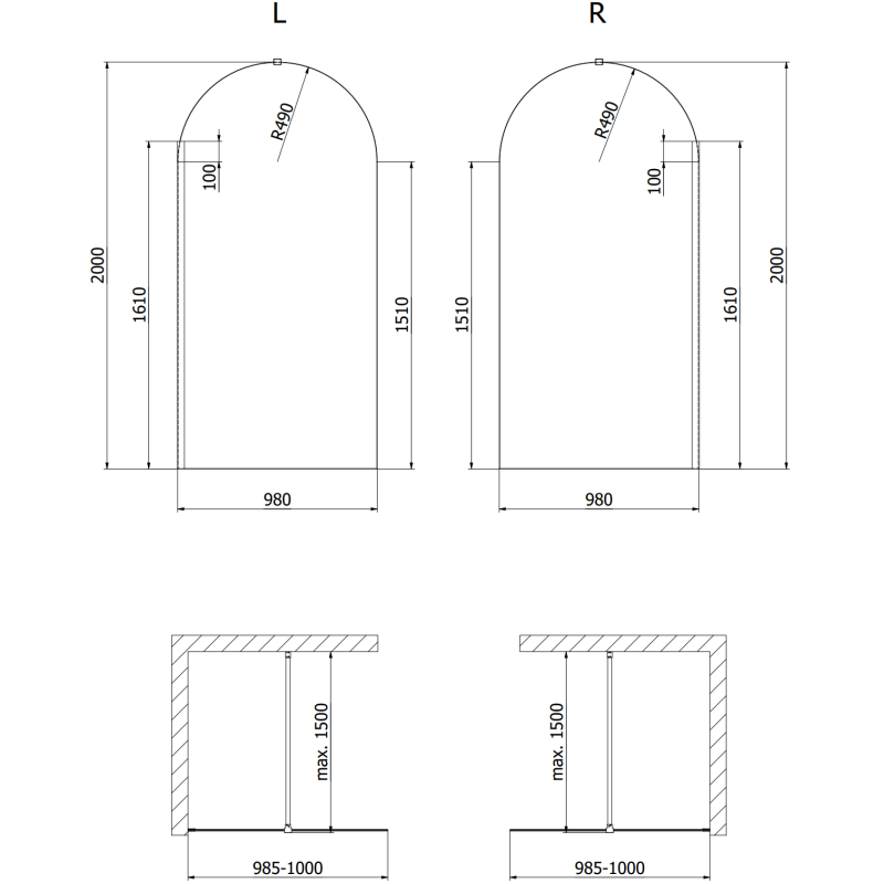 Mexen Kioto-Q Duschwand Walk-in 100 x 200 cm, transparent 8 mm, weiß - 800-100-101-20-00-Q