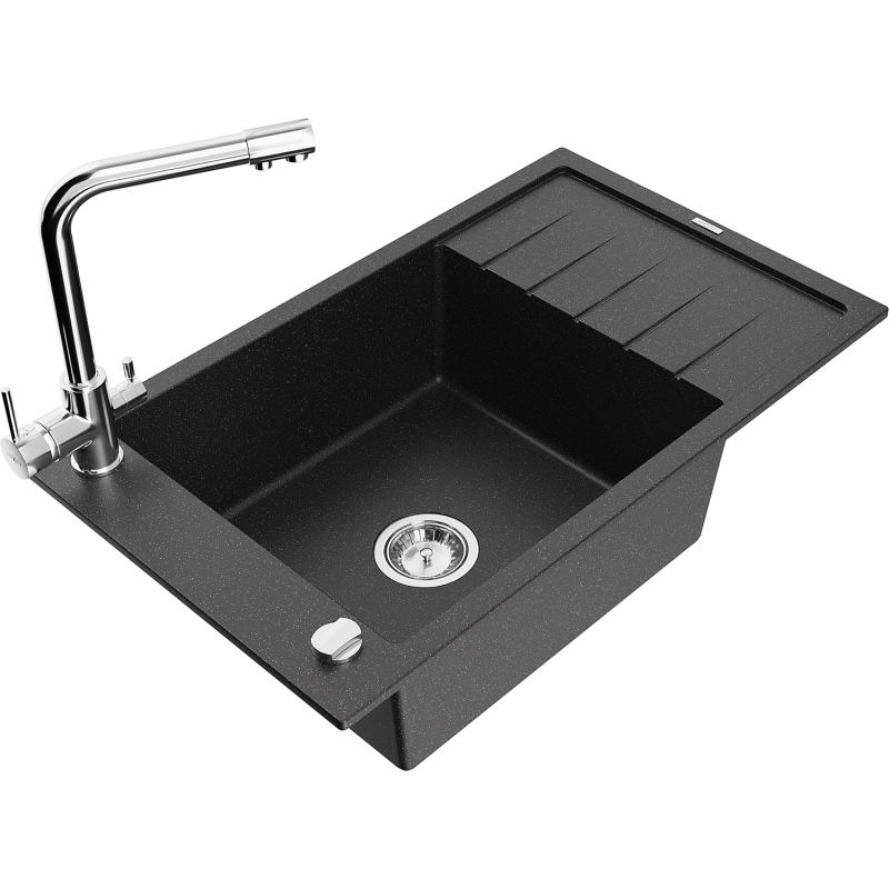 Mexen Elias Granitspüle 1-becken mit Abtropffläche und Küchenarmatur Duero, schwarz/silber metallic - 6511-73-671600-00