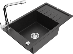 Mexen Elias Granitspüle 1-becken mit Abtropffläche und Küchenarmatur Duero, schwarz/silber metallic - 6511-73-671600-00