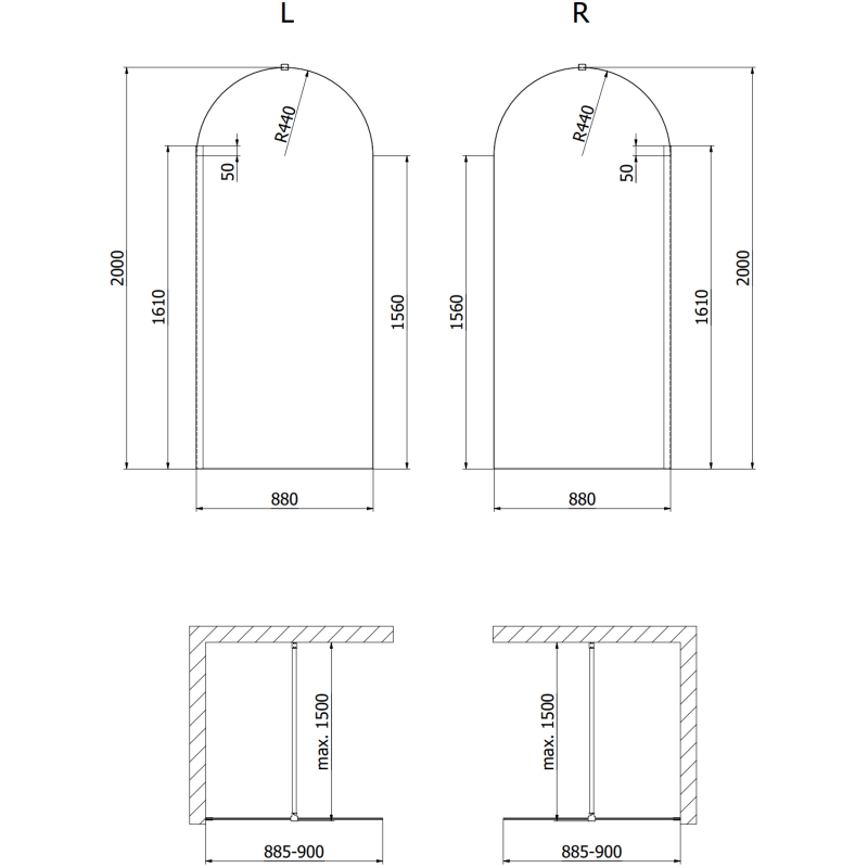 Mexen Kioto-Q Duschwand Walk-in 90 x 200 cm, transparent 8 mm, Roségold - 800-090-101-60-00-Q