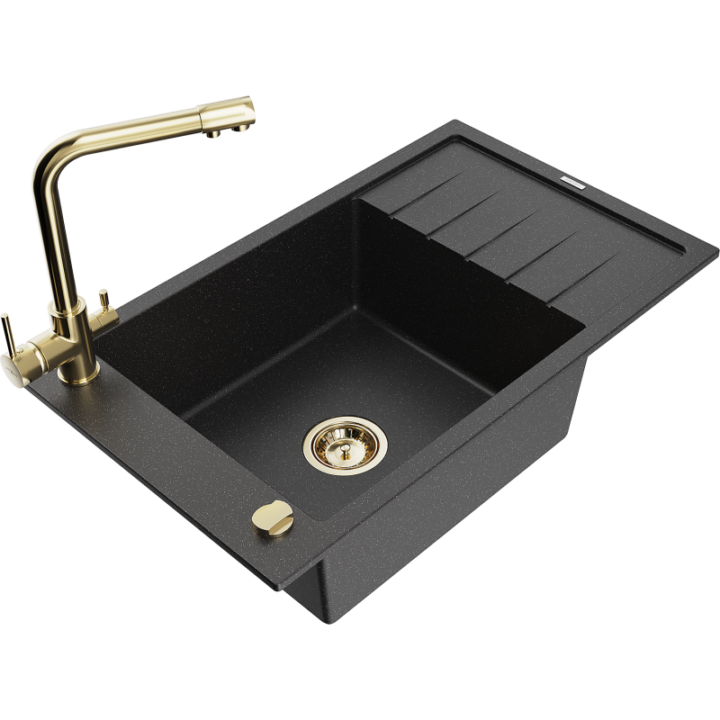 Mexen Elias Granitspüle 1-beckig mit Abtropffläche und Küchenarmatur Duero, schwarz/silber-metallic - 6511-73-671600-50