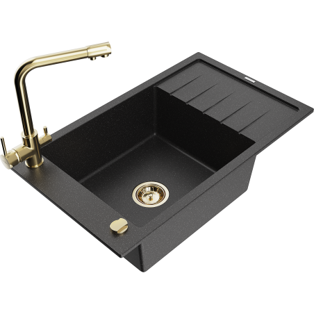 Mexen Elias Granitspüle 1-beckig mit Abtropffläche und Küchenarmatur Duero, schwarz/silber-metallic - 6511-73-671600-50