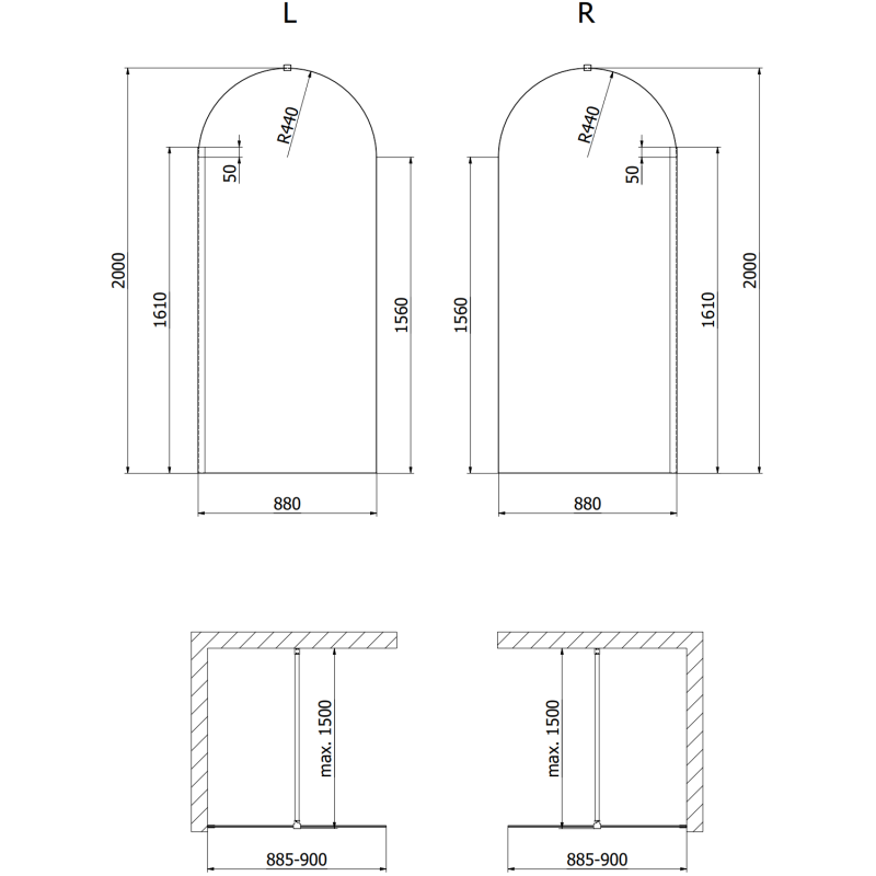 Mexen Kioto-Q Duschwand Walk-in 90 x 200 cm, transparent 8 mm, gebürstetes Kupfer - 800-090-101-65-00-Q