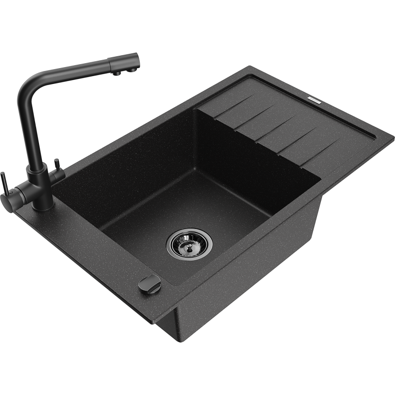 Mexen Elias Granitspüle 1-becken mit Abtropffläche und Küchenarmatur Duero, schwarz/silber Metallic - 6511-73-671600-70-B