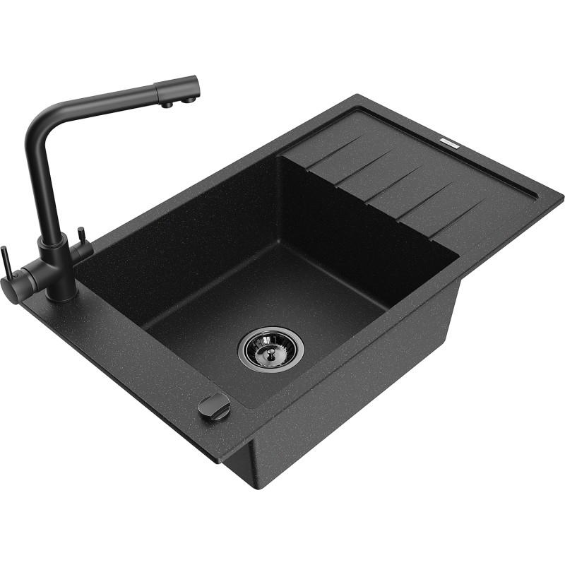 Mexen Elias Granitspüle 1-beckig mit Abtropffläche und Küchenarmatur Duero, schwarz/silber metallic - 6511-73-671600-70-B