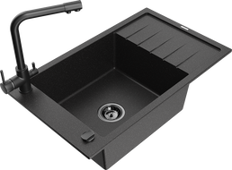 Mexen Elias Granitspüle 1-becken mit Abtropffläche und Küchenarmatur Duero, schwarz/silber Metallic - 6511-73-671600-70-B