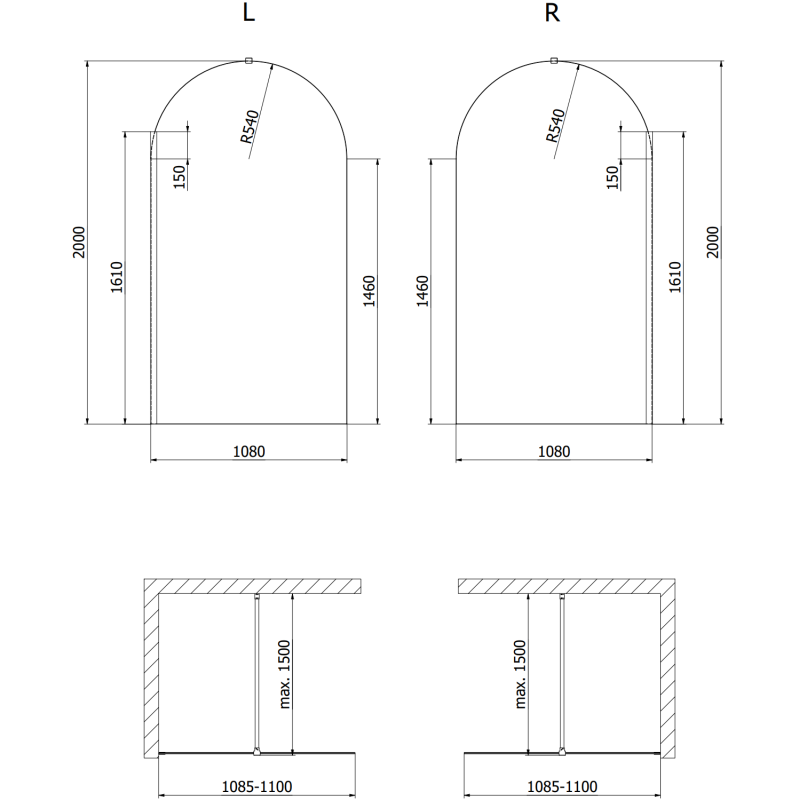 Mexen Kioto-Q Duschwand Walk-in 110 x 200 cm, transparent 8 mm, gebürstetes Anthrazitgrau - 800-110-101-66-00-Q