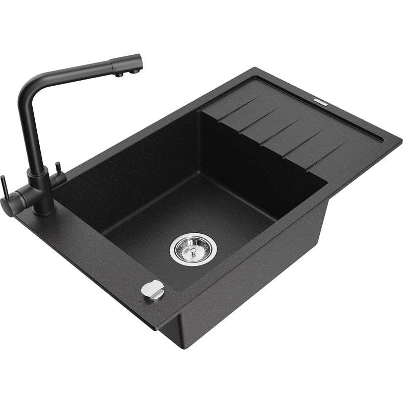 Mexen Elias Granitspüle 1-Becken mit Abtropffläche und Küchenarmatur Duero, Schwarz/Silber Metallic - 6511-73-671600-70