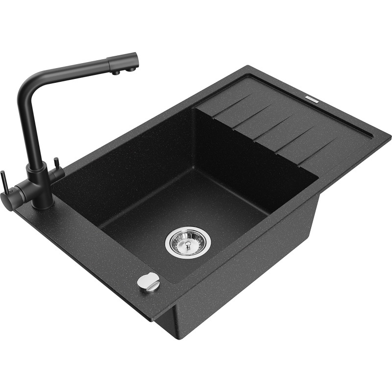 Mexen Elias Granitspüle 1-beckig mit Abtropffläche und Küchenarmatur Duero, schwarz/silber metallic - 6511-73-671600-70