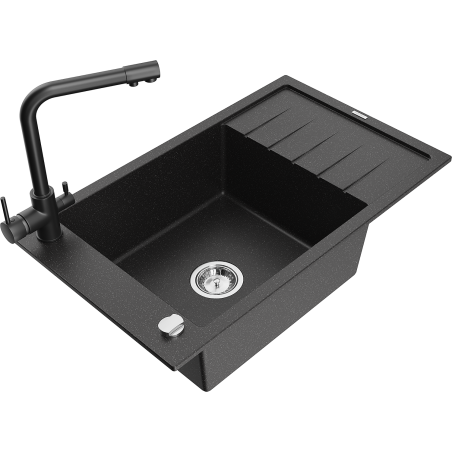Mexen Elias Granitspüle 1-Becken mit Abtropffläche und Küchenarmatur Duero, Schwarz/Silber Metallic - 6511-73-671600-70