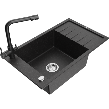 Mexen Elias Granitspüle 1-beckig mit Abtropffläche und Küchenarmatur Duero, schwarz/silber metallic - 6511-73-671600-70