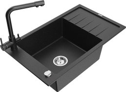Mexen Elias Granitspüle 1-Becken mit Abtropffläche und Küchenarmatur Duero, Schwarz/Silber Metallic - 6511-73-671600-70