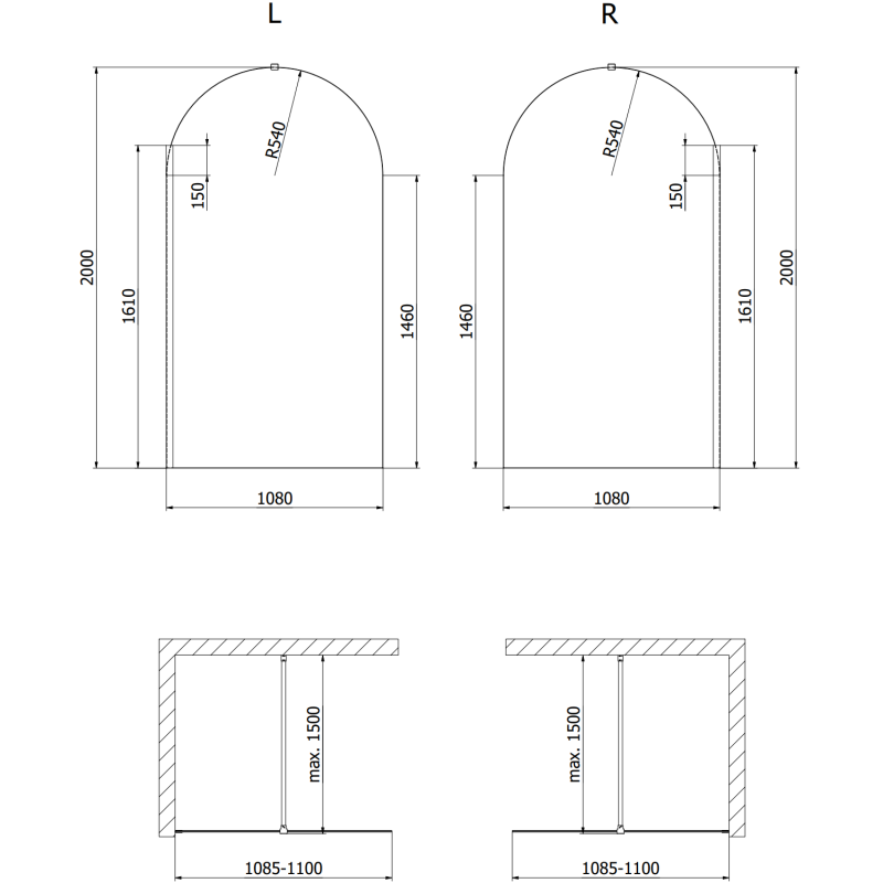 Mexen Kioto-Q Duschwand Walk-in 110 x 200 cm, transparent 8 mm, Gun Metal - 800-110-101-95-00-Q