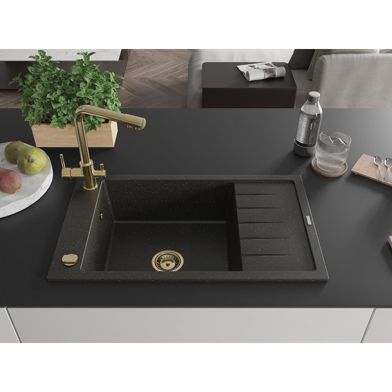 Mexen Elias Granitspüle, 1-Becken mit Abtropffläche und Küchenarmatur Duero, schwarz/gold Metallic - 6511-75-671600-50