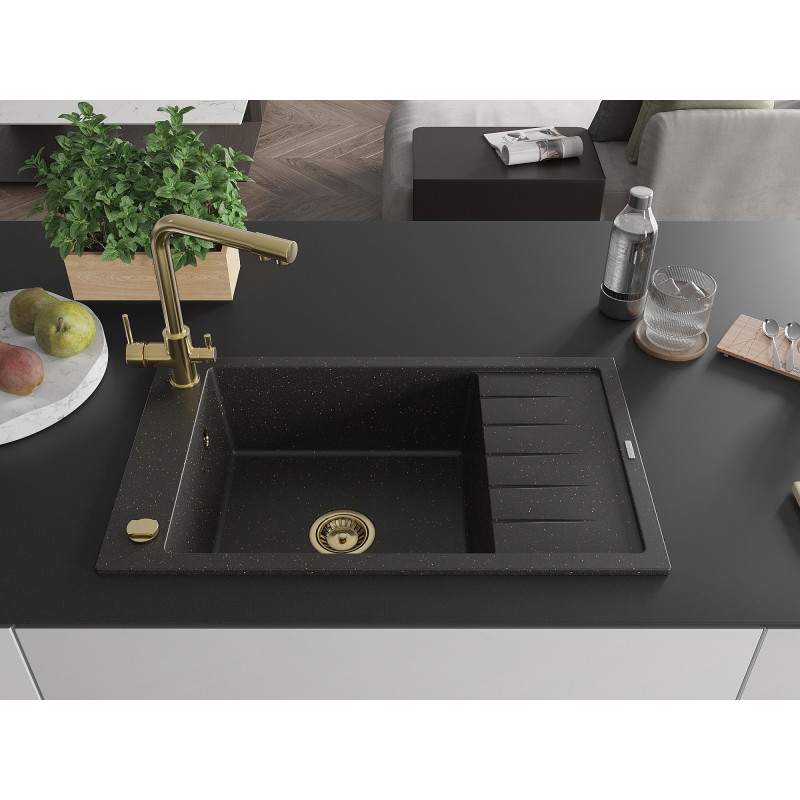 Mexen Elias granitspüle 1-beckig mit abtropffläche und küchenarmatur Duero, schwarz/gold metallic - 6511-75-671600-50